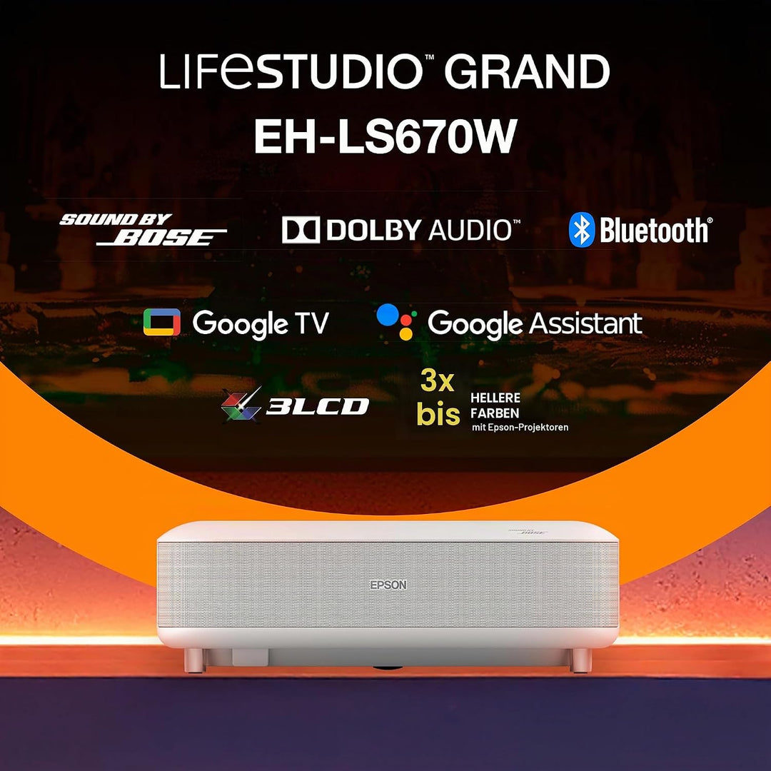 Epson Lifestudio Grand EH-LS670W, Smart-Laserprojektor, 4K PRO-UHD, Ultrakurzdistanz, Sound by Bose,