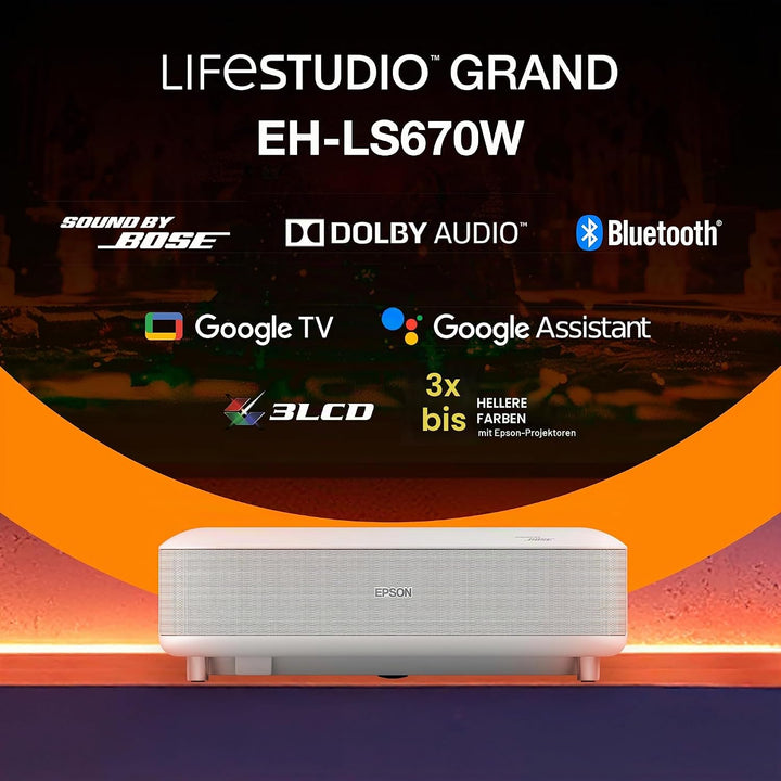 Epson Lifestudio Grand EH-LS670W, Smart-Laserprojektor, 4K PRO-UHD, Ultrakurzdistanz, Sound by Bose,