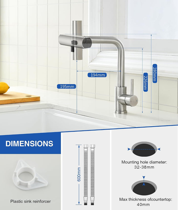 Wasserhahn Küche,Hochdruck Küchenarmatur mit Ausziehbar Brause,Wasserfall Armatur Küche mit 3 Strahl