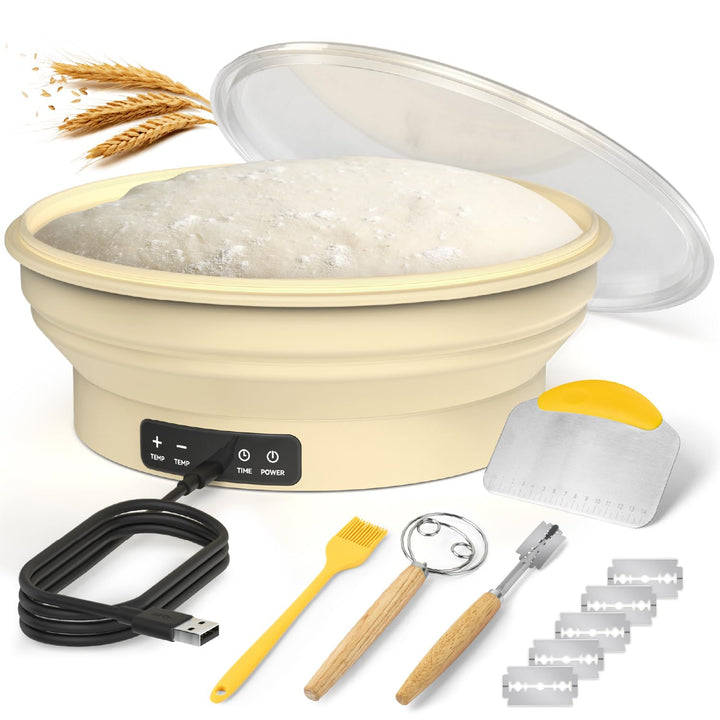 Gärkörbchen mit Heizfunktion und Timer – Rundes Silikon Gärkorb 30cm Brot Backen Zubehör für Sauerte