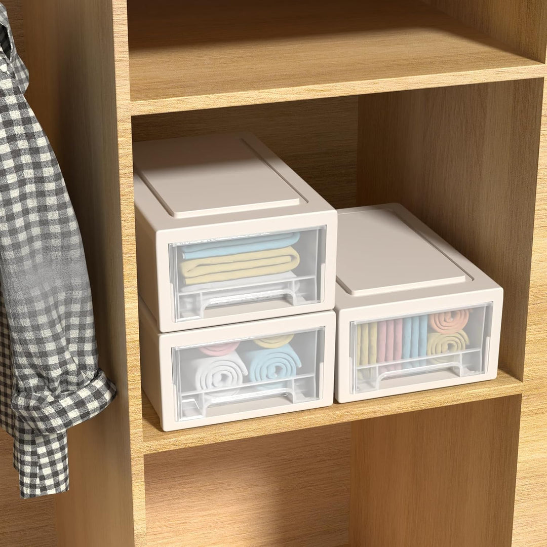 Stapelbare Schubladeneinheit aus Kunststoff, 6,8 l, 3 Packungen, Beige | Kleiner Schubladen-Organize