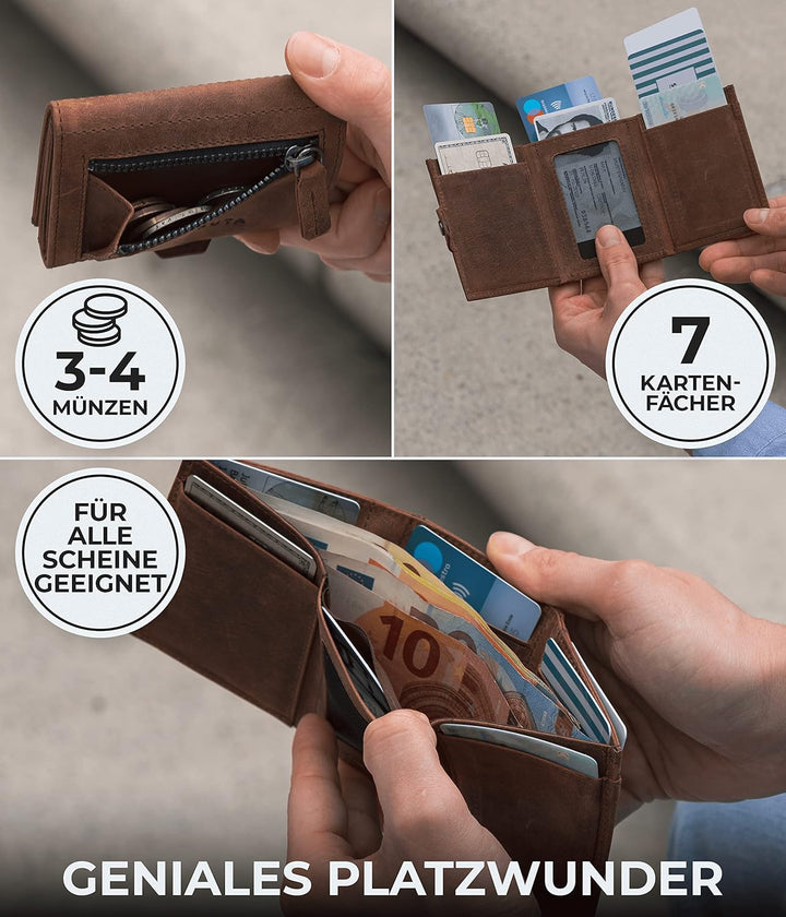 KORUTA Airtag Wallet mit Münzfach & RFID-Schutz - Airtag Portmonee Herren klein aus echtem Leder - M