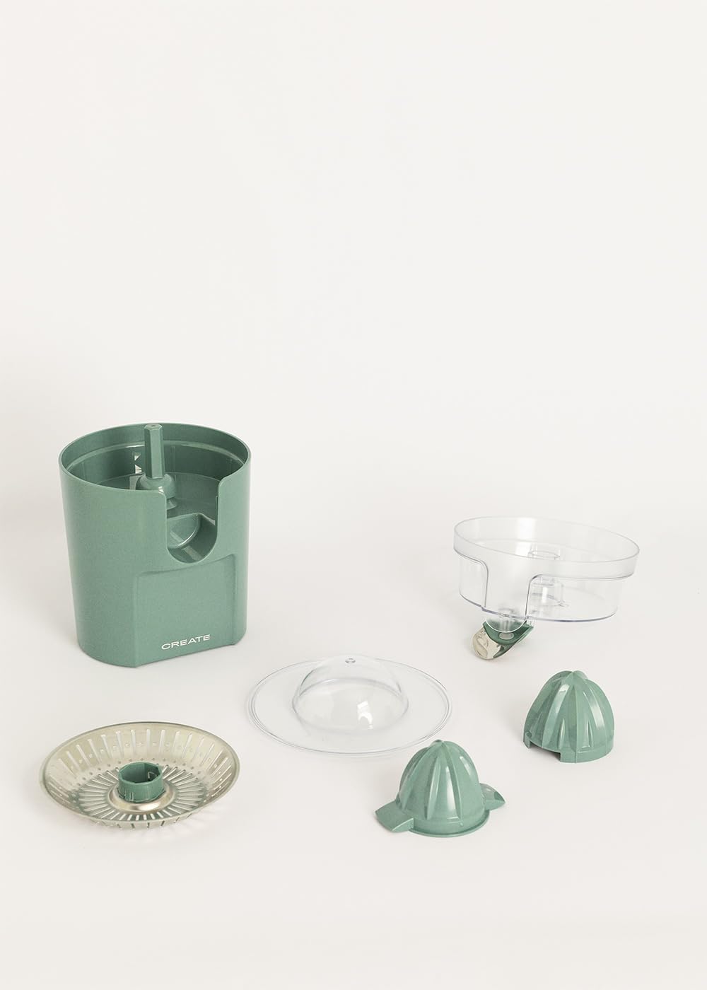 CREATE/JUICER STUDIO/Elektrische Zitruspresse in Salbeigrün/Spritzfrei, 230ml Behälter, Fruchtfleisc