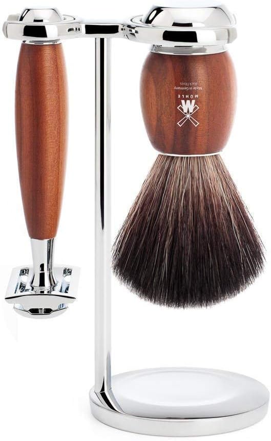 MÜHLE Vivo Rasierset - Black Fibre-Rasierpinsel, Rasierhobel, Ständer - Griffe aus Pflaumenholz und