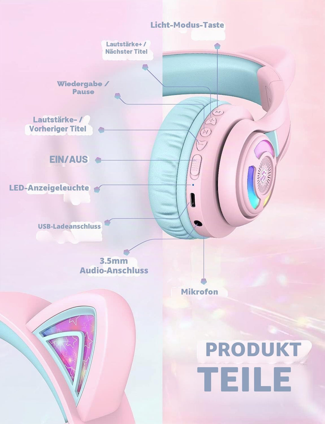 iClever Bluetooth Kopfhörer Kinder, Katzenohr LED Leuchten, Kabellose Kinder Kopfhörer über dem Ohr