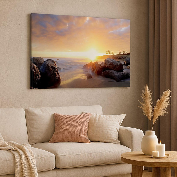 Bilder auf Leinwand Meer Strand Felsen Leinwandbild mit Rahmen 70x50cm Wandbilder Dekoration Wohnzim