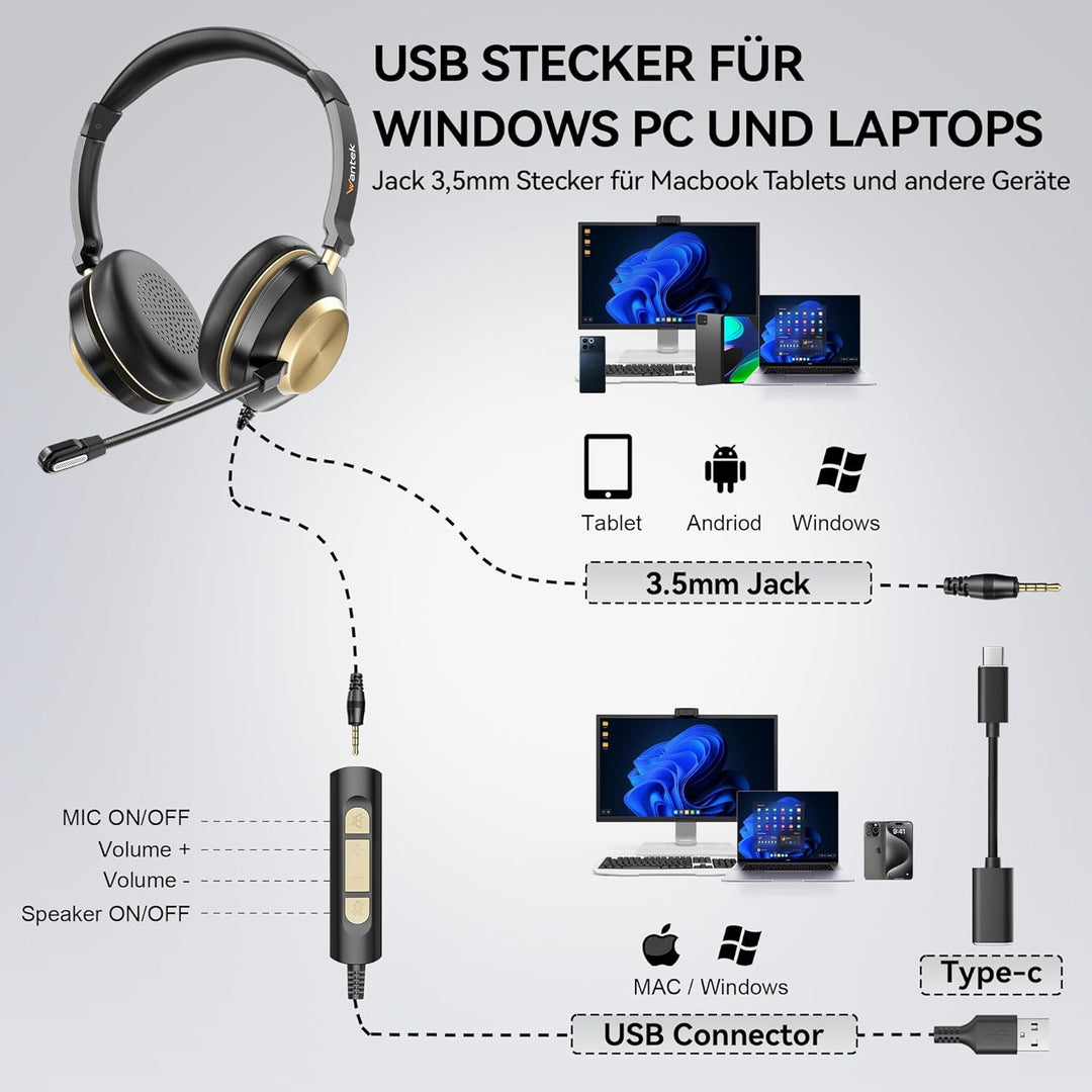 Wantek 882F Headsets mit Mikrofon Noise Cancelling und USB A 3,5mm Stecker Typ C Adapter für Call Ce