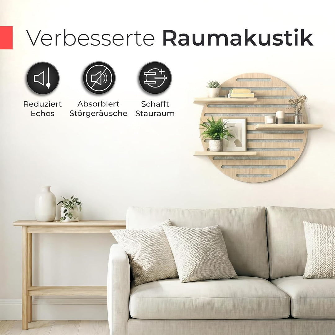 Akustikpaneele Holz Wandregal – Echtholz Eiche & Akustikfilz Grau | rund 70x60cm – Regal & Schalldäm