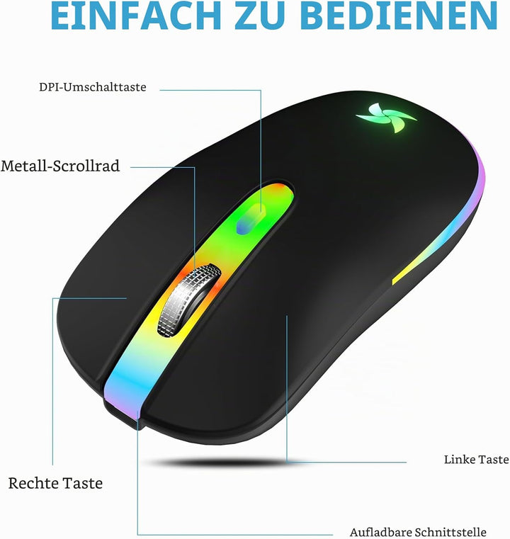 Maus Kabellos 2.4G USB Funkmaus 3DPI Wiederaufladbare Laptop mit USB-Empfänger 7 Typen LED Beleuchte