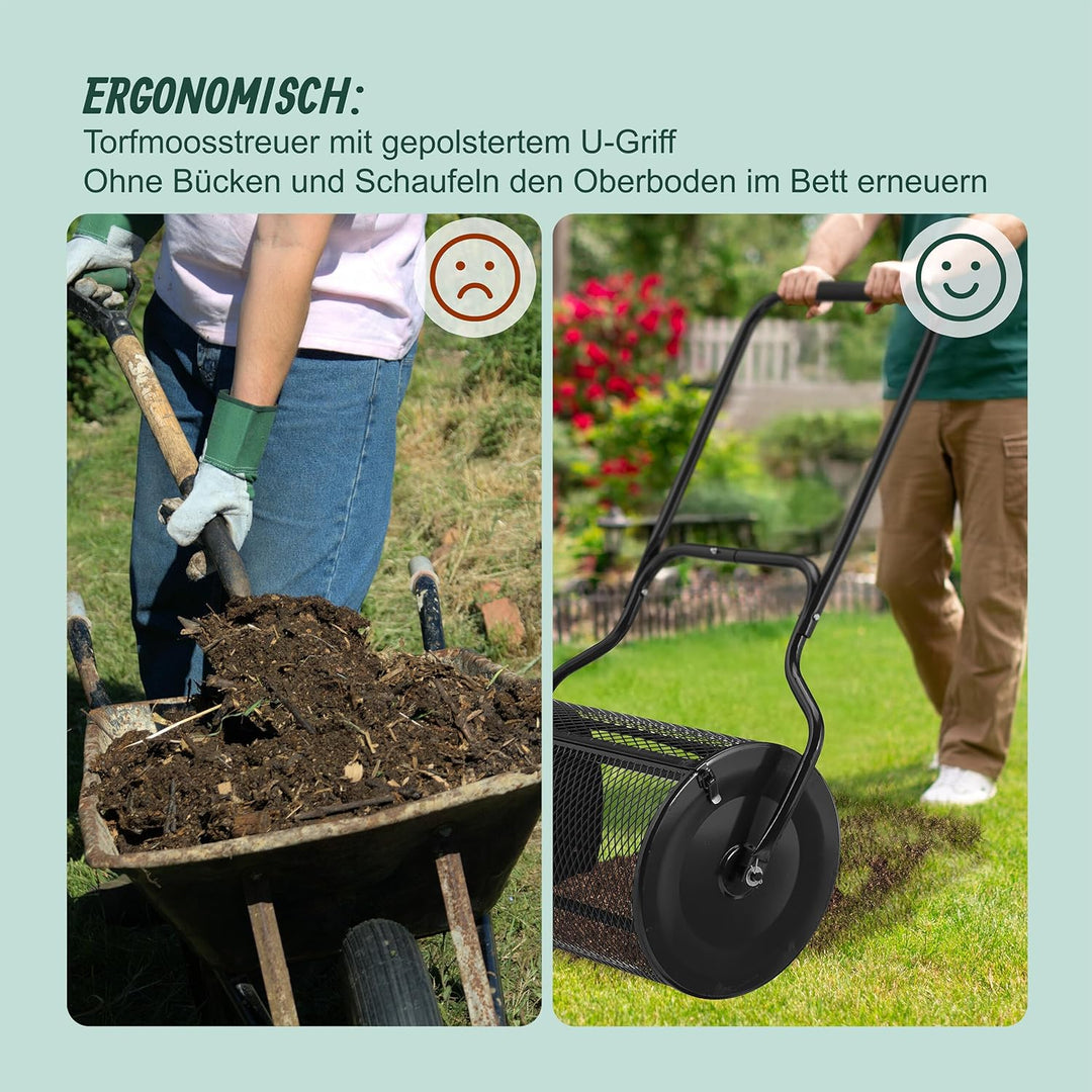 Relaxdays Kompoststreuer für Rasen, Meshkorb 75 L, Gartenstreuer mit Griff, HBT: 118x68x40 cm, Torfm
