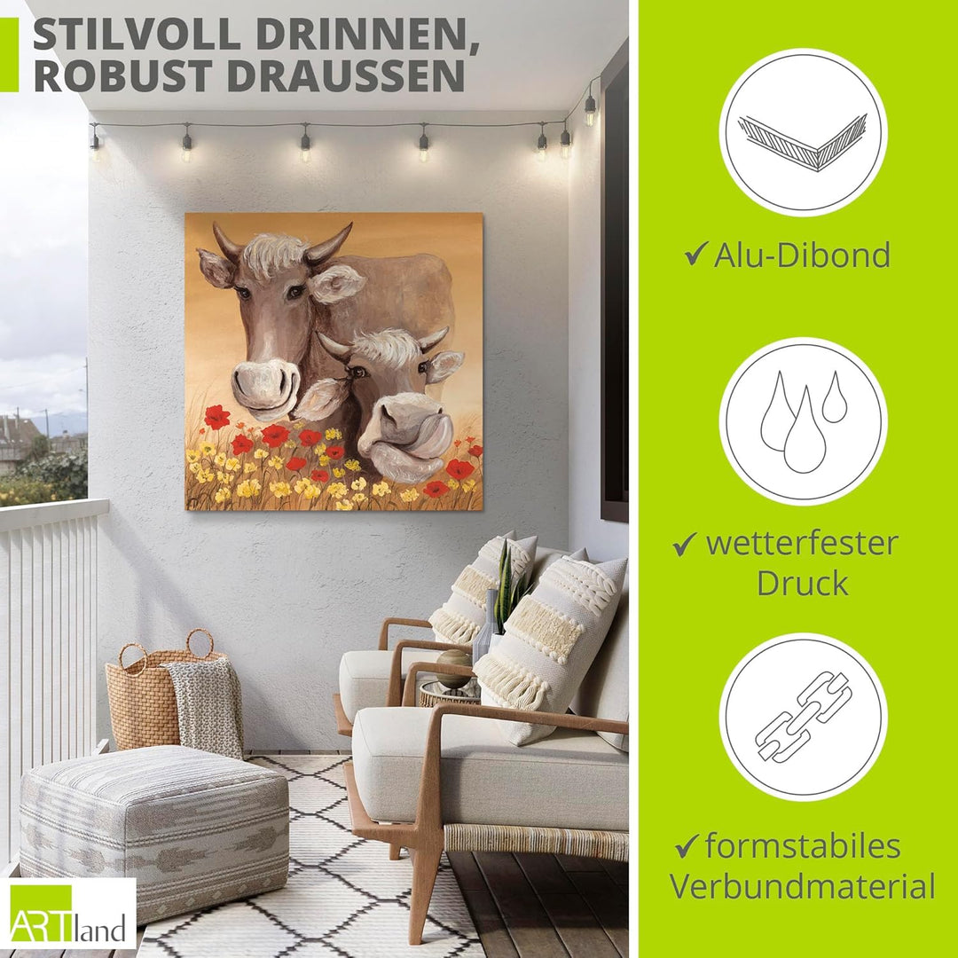 Artland Wandbild Alu für Innen & Outdoor Metall Bild 40x40 cm Kuh Tiere Blumen Wiese Shabby Chic Lan