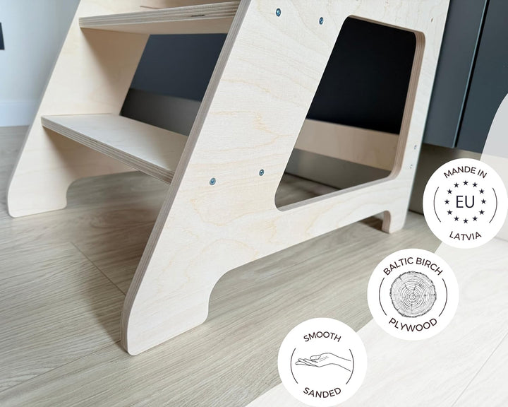 Montessori Lernturm für Kleinkinder - Verstellbarer 3-stufiger Küchenhocker Helfer - Baltisches Birk