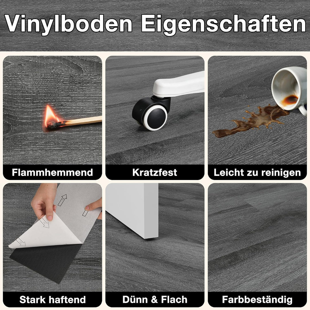 MULGREAT Vinylboden selbstklebend 5,02 m² – Wasserdichter Laminatboden in Dunkelgrau, 36 Fliesen (15