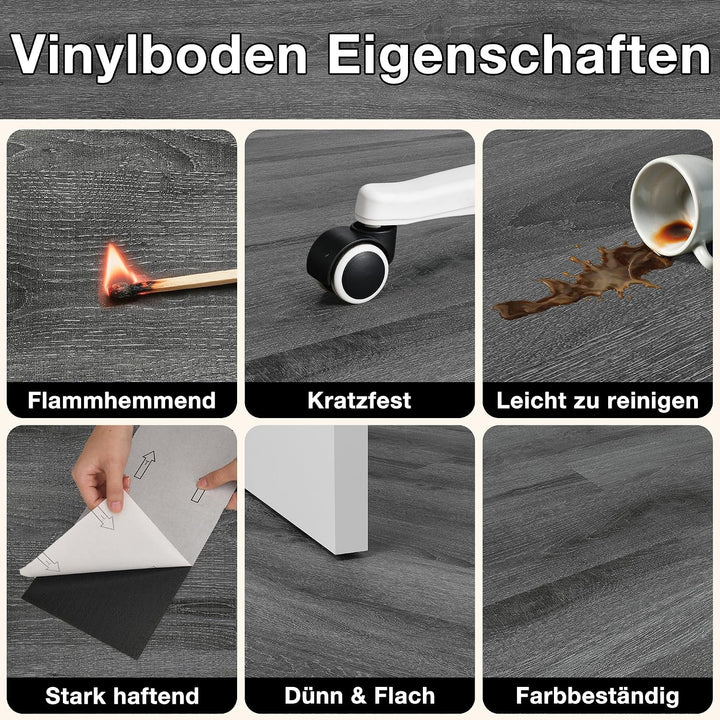 MULGREAT Vinylboden selbstklebend 5,02 m² – Wasserdichter Laminatboden in Dunkelgrau, 36 Fliesen (15