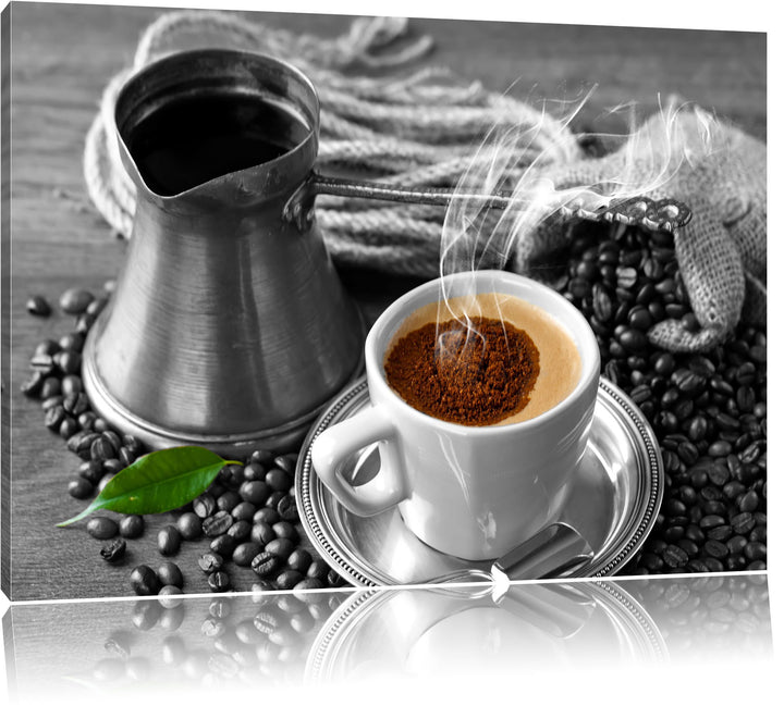Dampfender Kaffe mit Kännchen schwarz/weiss Format: 100x70 auf Leinwand, XXL riesige Bilder fertig g