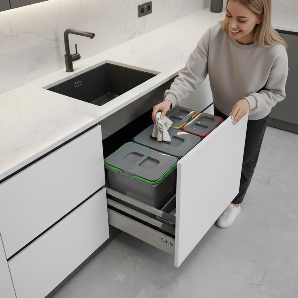 Mülltrennsystem Küche für 90 cm Schrank 4-fach 80,3x49x30 cm (2x 15L + 2x 7L) mit Deckel Einbau Abfa