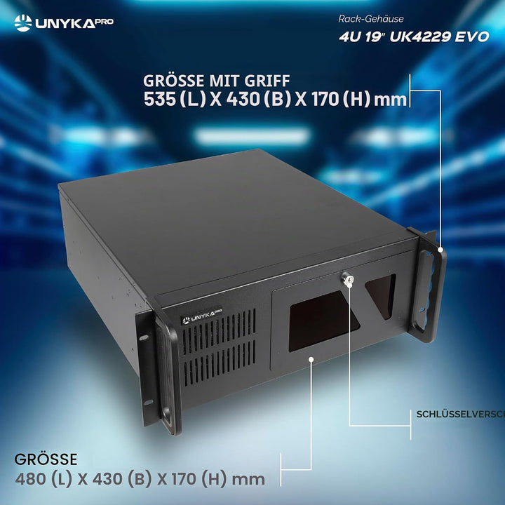 Unykach UK4229 EVO Rack-Gehäuse, Tiefe 480 mm, 2 USB3.0, 1 x 120 mm Lüfter und 2 x 80 mm Lüfter, Sch