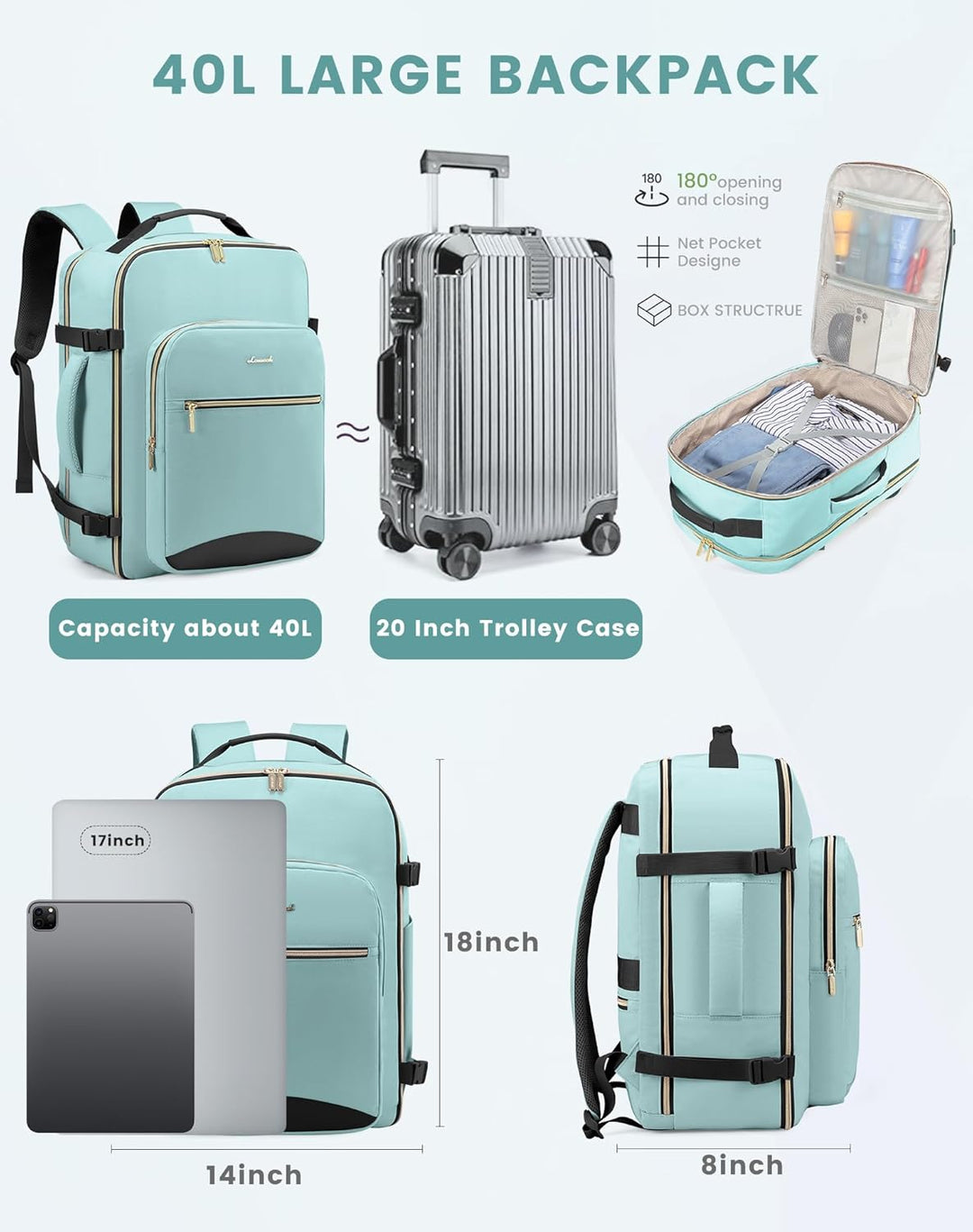 LOVEVOOK Handgepäck Rucksack Flugzeug, 40L Gross Reiserucksack Damen Kofferrucksack, Wasserdicht Rei