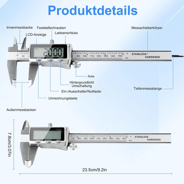 Digitaler Messschieber 150mm Edelstahl, USB-C Wiederaufladbar, IP54 Schutz, ±0,02 mm Präzision, Schi