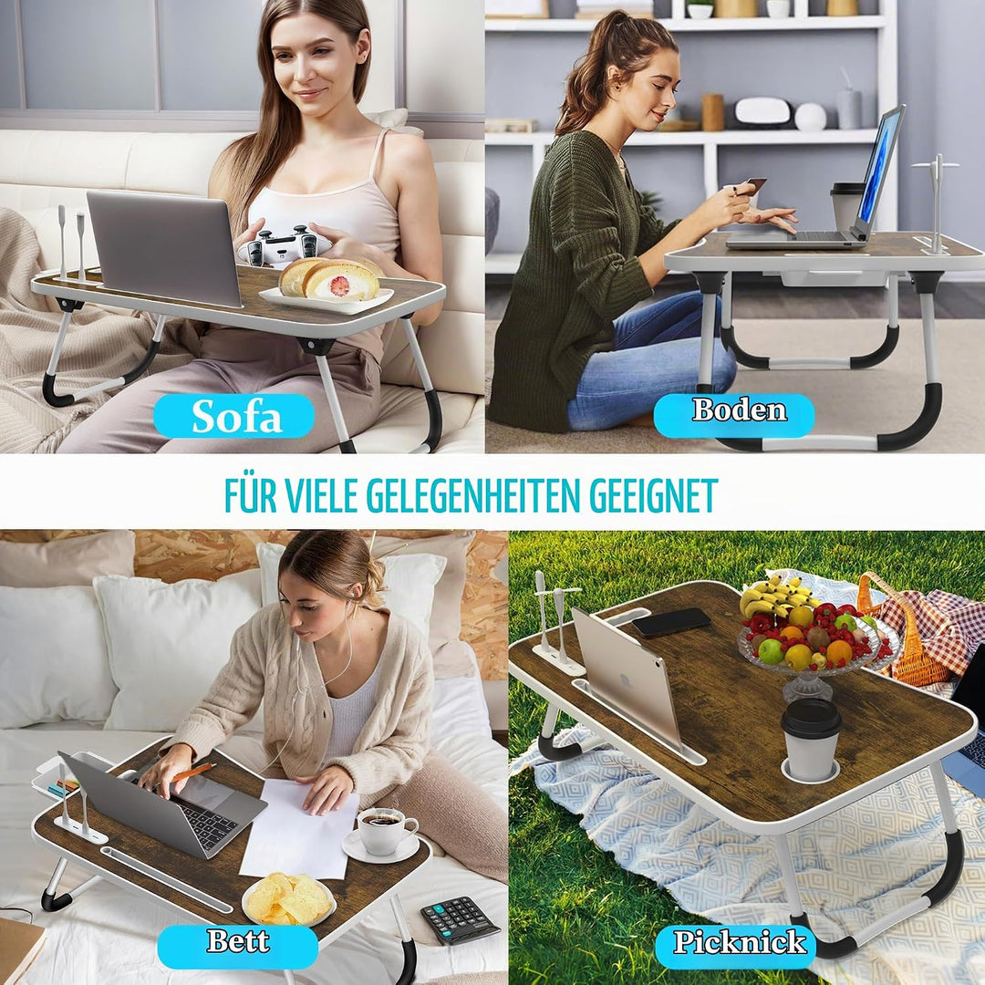Soontrans Laptoptisch 60x40x28 cm, Laptop Tisch mit Schublade, Getränkehalter, Tablethalter, Griff,