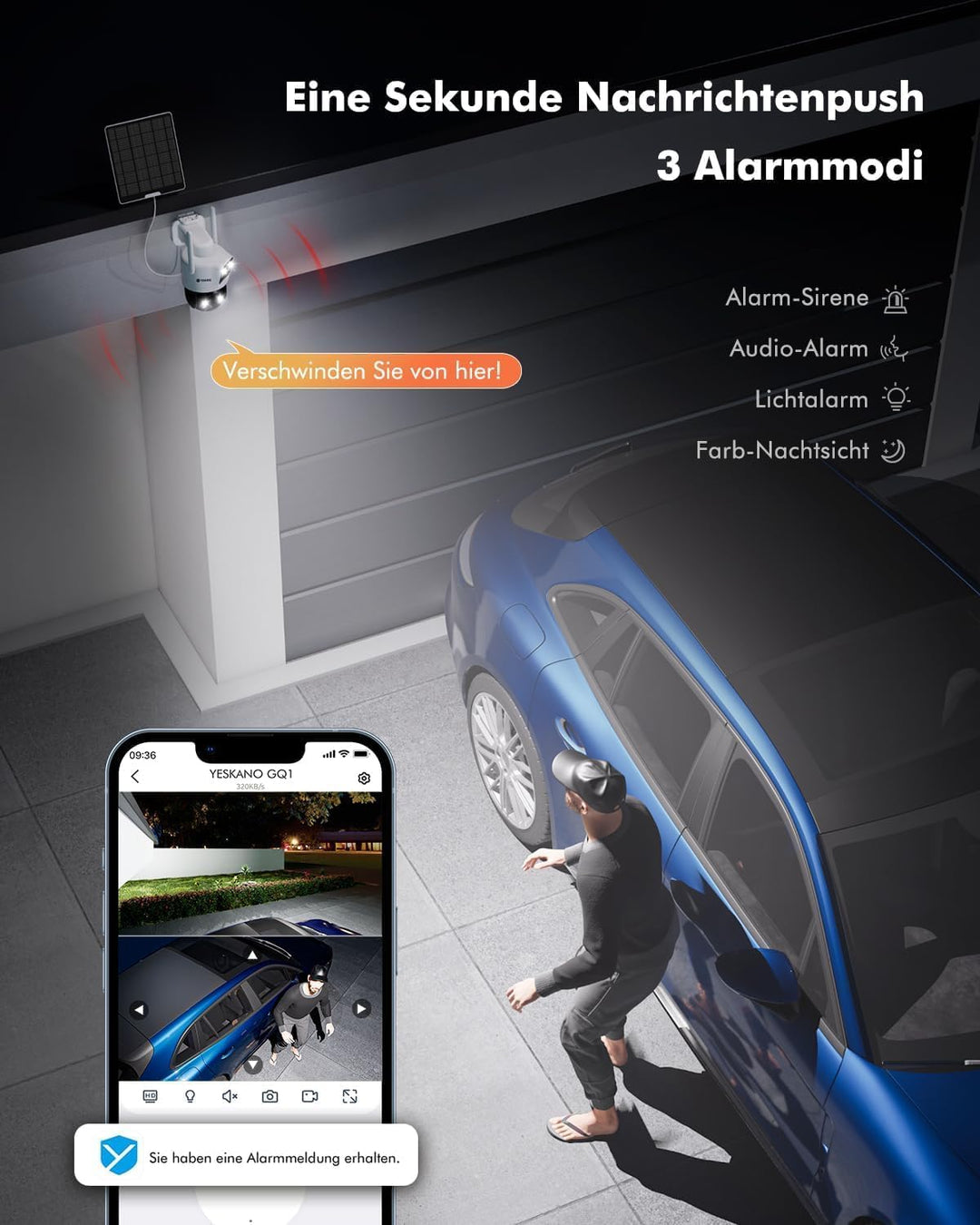YESKANO 2K Überwachungskamera Aussen Solar, 360° PTZ Solar Kamera Outdoor mit Dual Objektiv, Kabello