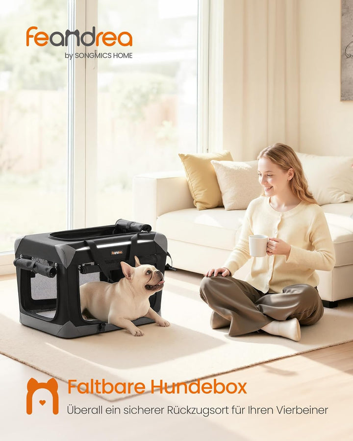Feandrea Hundebox faltbar, Transportbox, Hundetasche, Oxford-Gewebe, mit 4 Türen aus Netzstoff, Grif