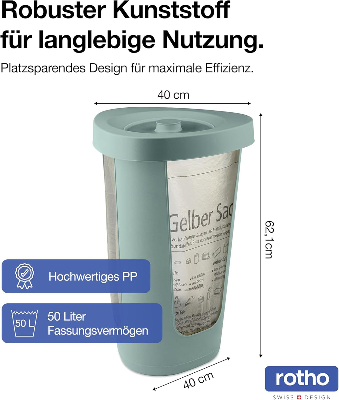 Rotho Fabu Müllsackständer gelber Sack mit Deckel, Kunststoff (PP recycelt), grün, (40.0 x 40.0 x 62