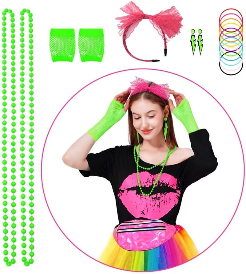 80er Jahre Outfit Damen Set, T-Shirt, Tutu, Gürteltasche, Stirnband, Ohrring, Halskette, Netzhandsch