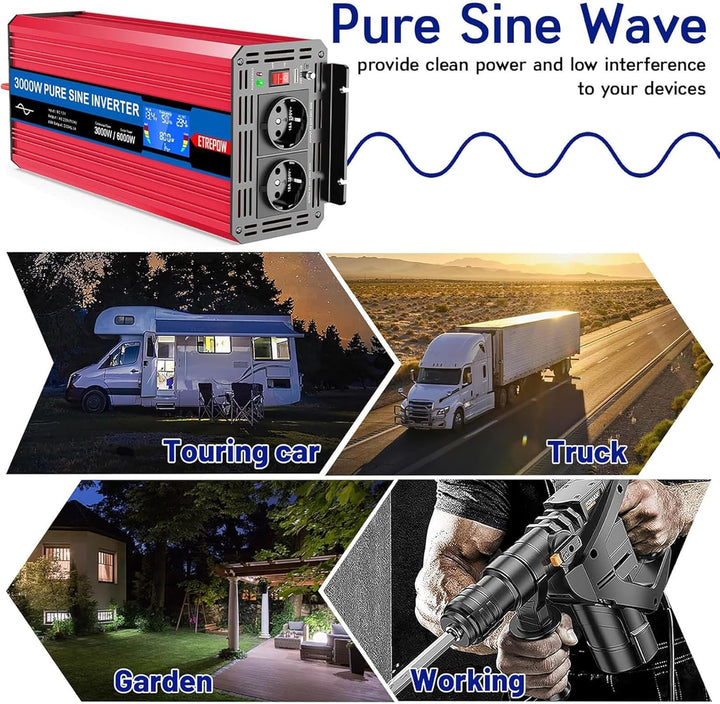 ETREPOW 3000w Spannungswandler 12v Auf 230v Reiner Sinus Wechselrichter mit 2 EU-Steckdose und Einer