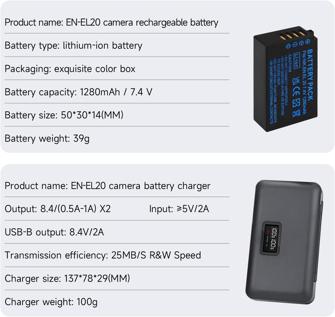 2 Stück EN-EL20 Akkus und Smart LCD Display Dual USB Ladegerät für Nikon Coolpix P1000, P950, P1100,