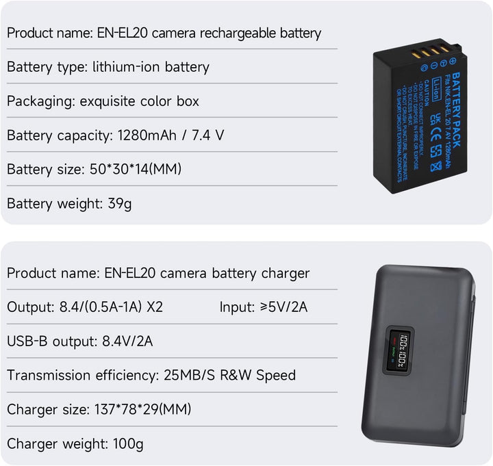 2 Stück EN-EL20 Akkus und Smart LCD Display Dual USB Ladegerät für Nikon Coolpix P1000, P950, P1100,