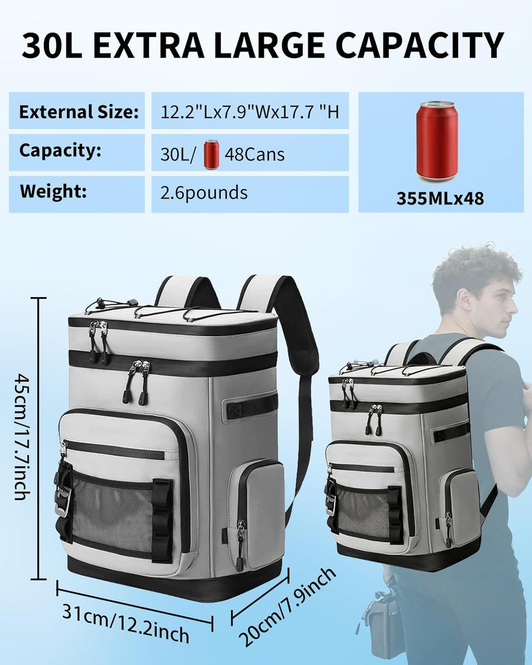 30L Kühlrucksack, Gross Isolierte Kühltasche Wasserdichter Picknickrucksack für Männer Frauen, Tragb