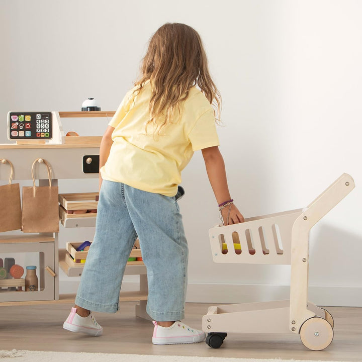 howa Spielzeug Einkaufswagen aus Holz für Kinder – Kaufladen Zubehör Natur, beige 4899