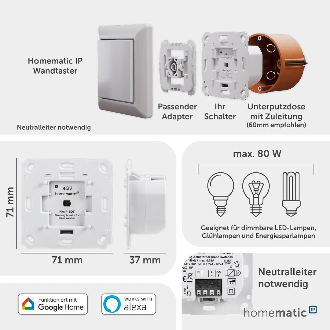 Homematic IP Smart Home Dimmaktor für Markenschalter – Phasenabschnitt, Phasenabschnittsdimmer für d