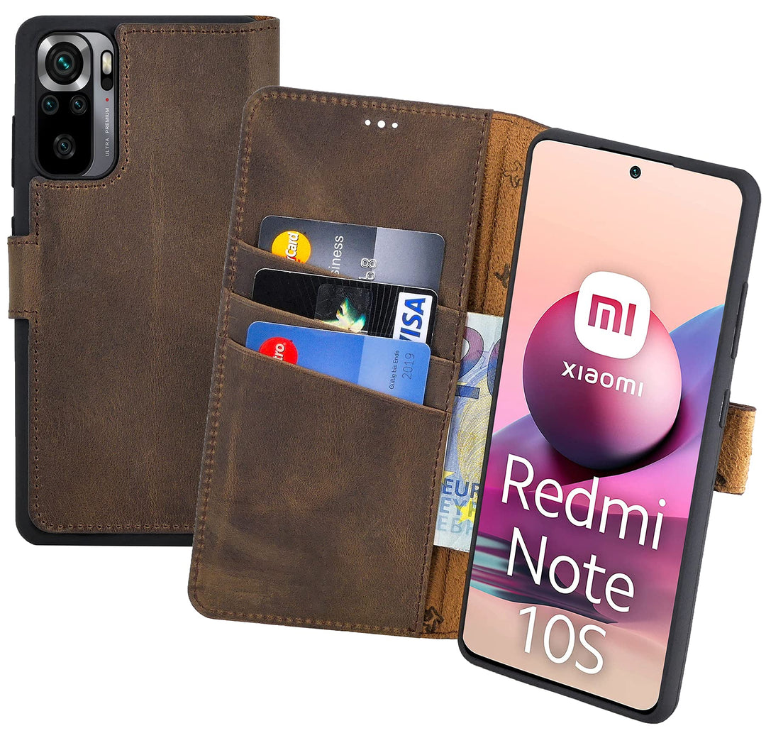 Suncase Book-Style Hülle kompatibel mit Xiaomi Redmi Note 10S Leder Tasche (Slim-Fit) Lederhülle Han