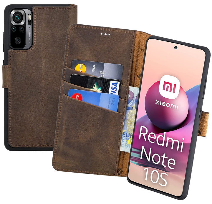 Suncase Book-Style Hülle kompatibel mit Xiaomi Redmi Note 10S Leder Tasche (Slim-Fit) Lederhülle Han