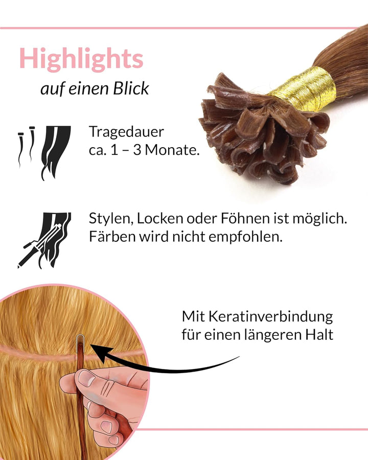 hair2heart Extensions Echthaar Bondings Glatt - 150 Strähnen 0.5g 40cm Hellbraun 