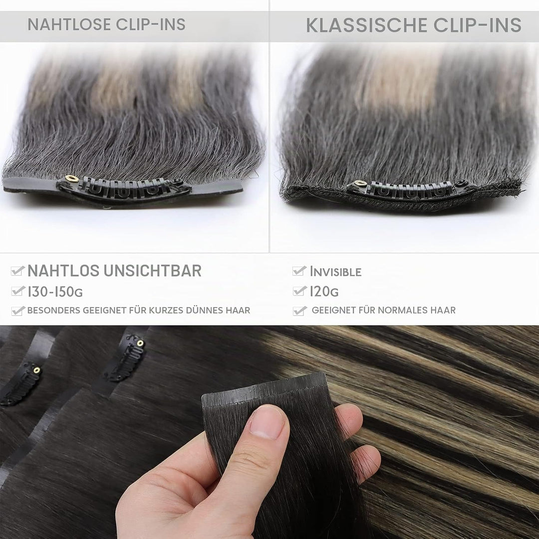 WENNALIFE Nahtlose Clip In Extensions Echthaar, 35cm 9pcs 130g Balayage Natürliches Schwarz bis Hell