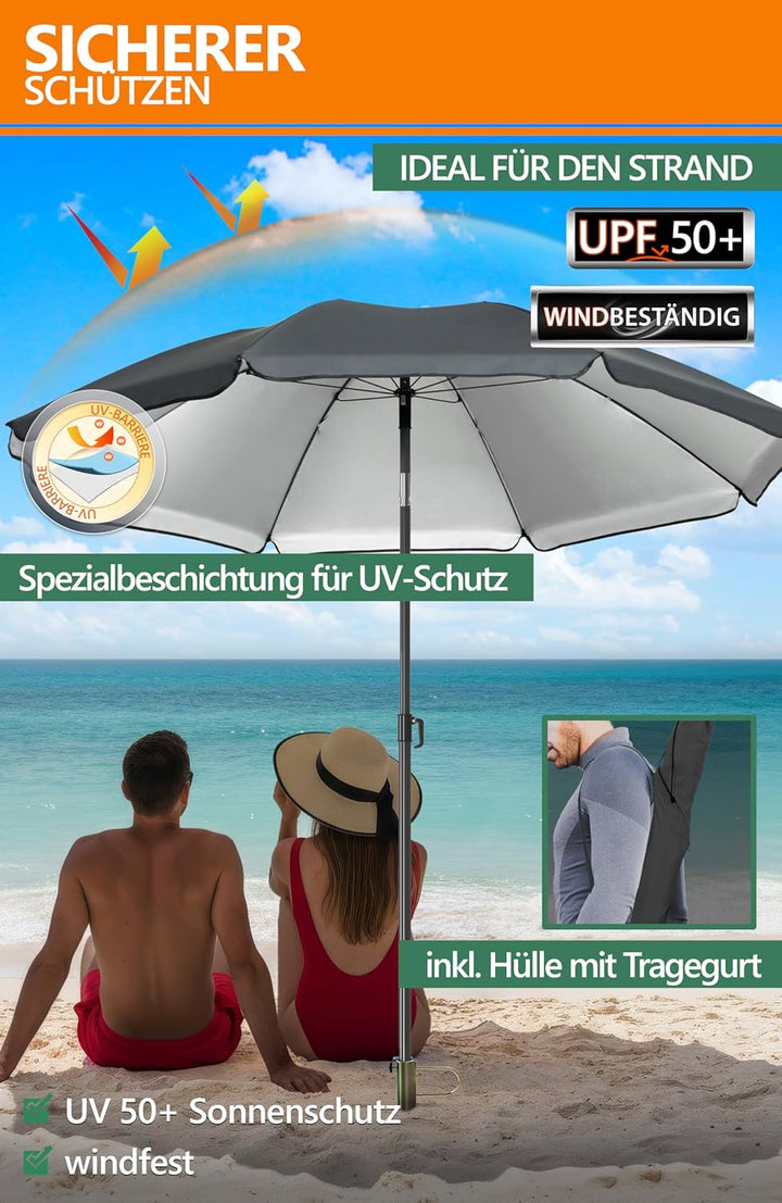 4smile SunnyJoy Sonnenschirm Strand 180 cm, Strandschirm windfest stabil in Anthrazit, inkl. Rasendo
