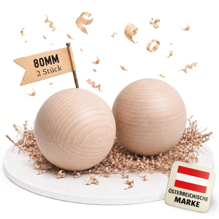 EV® Holzkugeln ohne Loch - 2 Stück 80mm Durchmesser - Made in Austria - Grosse Holzperlen ohne Bohru