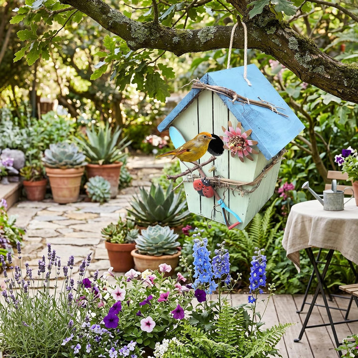 Handbemaltes Vogelhaus, Hängende Vogelhaus-Gartendekoration für den Aussenbereich mit Metalldach und
