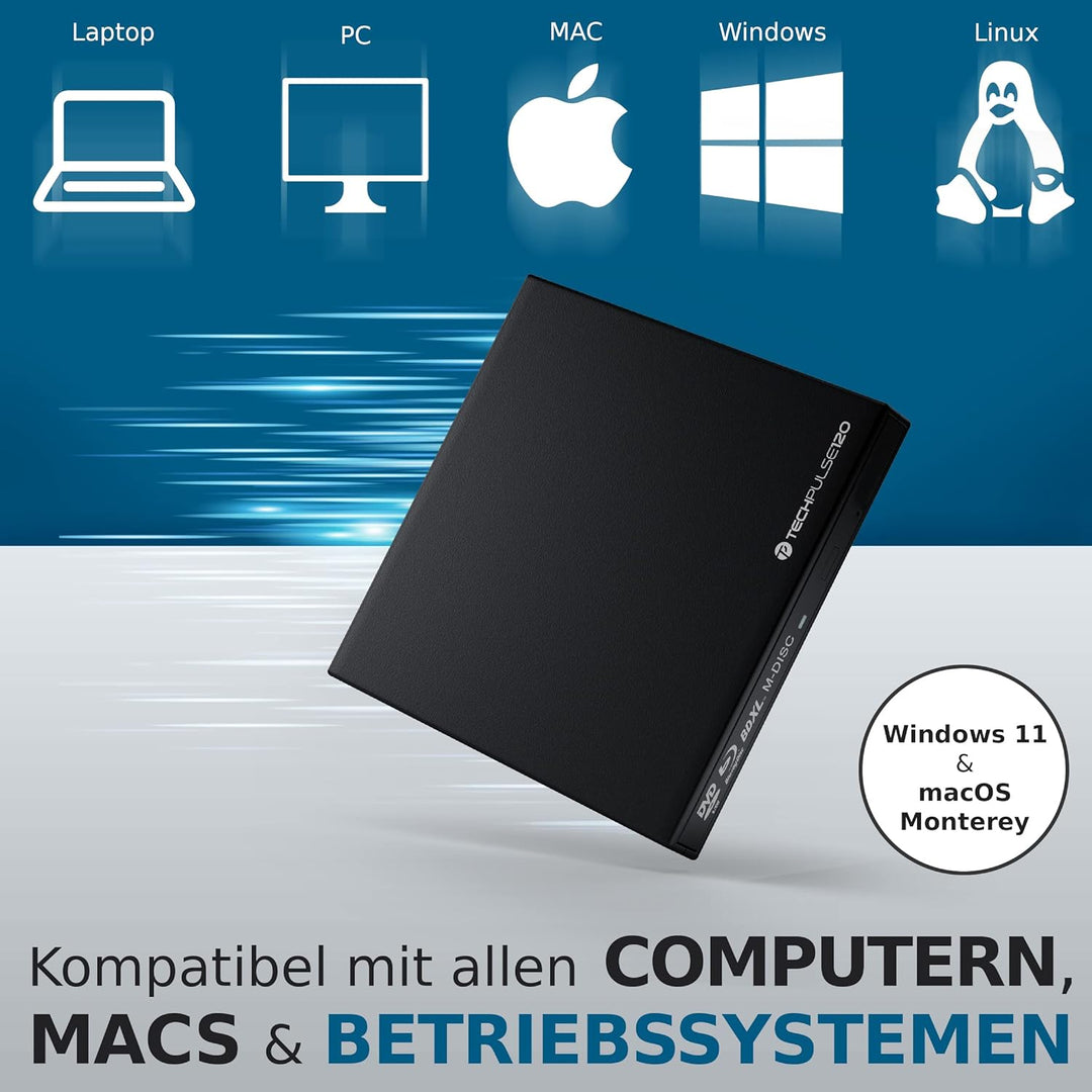 techPulse120 USB 3.0 3D Externer Blu-Ray Brenner Burner M-Disc BDXL Superdrive Blueray Rom Laufwerk