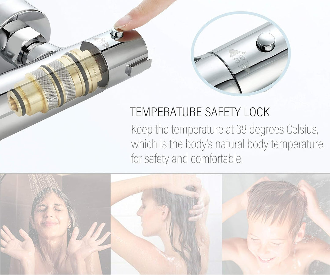 Duschthermostat von ELBE aus Messing, Thermostatarmatur mit Sicherheitstaste bei 38°C, verchromte Br
