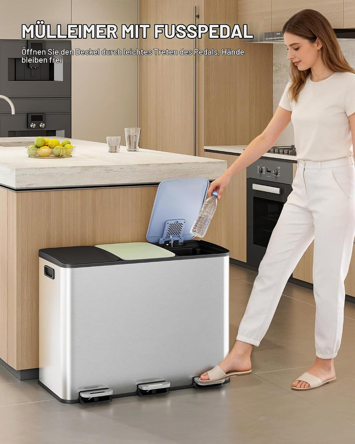 Hzuaneri Mülleimer Küche, 3 x 18 L, Mülltrennsystem 3 Fächer, Mülleimer mit Farbigem Soft-Close-Deck