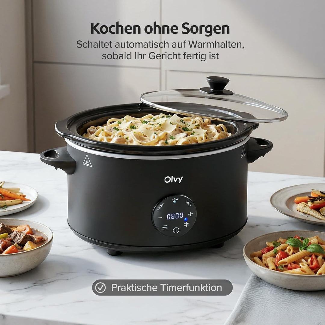 Olvy Slow Cooker 6L Pro Digital Schongarer mit Timer Touchscreen Warmhaltefunktion Auftaufunktion 24