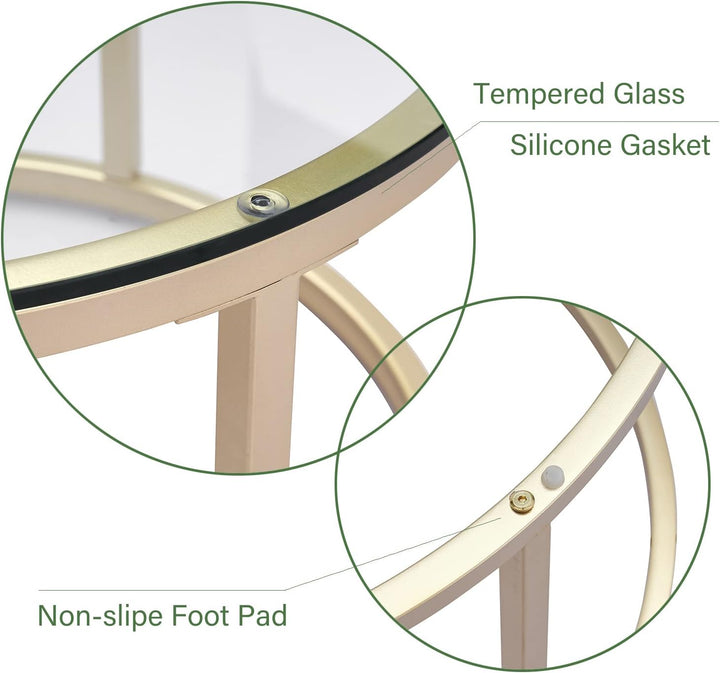 Gold Couchtisch Glas, Couchtisch 2er Set mit 1 Grosser Couchtisch Rund und 1 Kleiner Tisch, Beistell