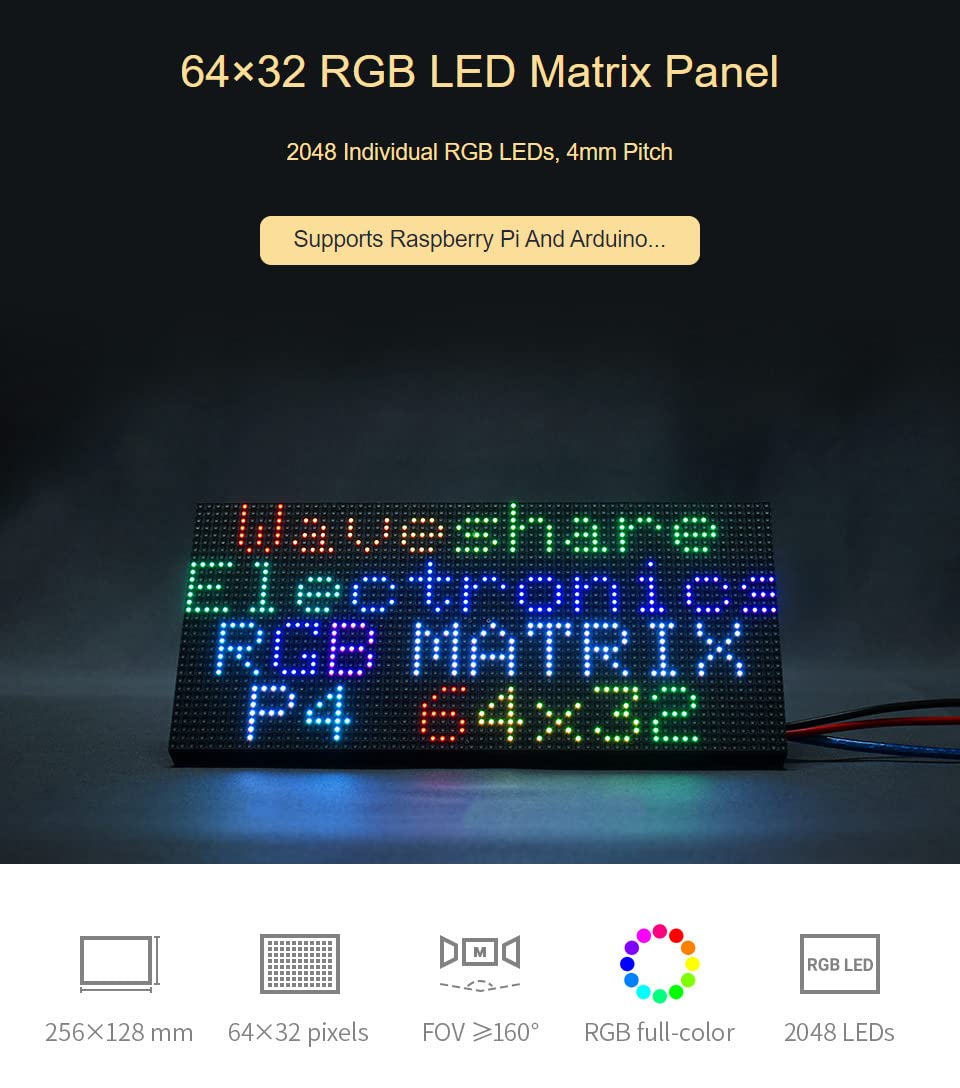 Waveshare RGB Full-Color LED Matrix Panel 4mm Pitch 64×32 Pixels 2048 Individual RGB LEDs Adjustable
