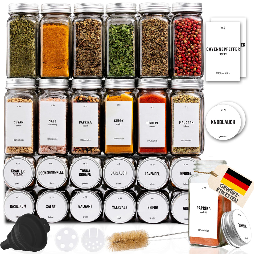 Deco haus® Gewürzgläser eckig mit Schraubkappe 24er Set [+Etiketten &amp; Streueinsatz] - Gewürzdosen Se