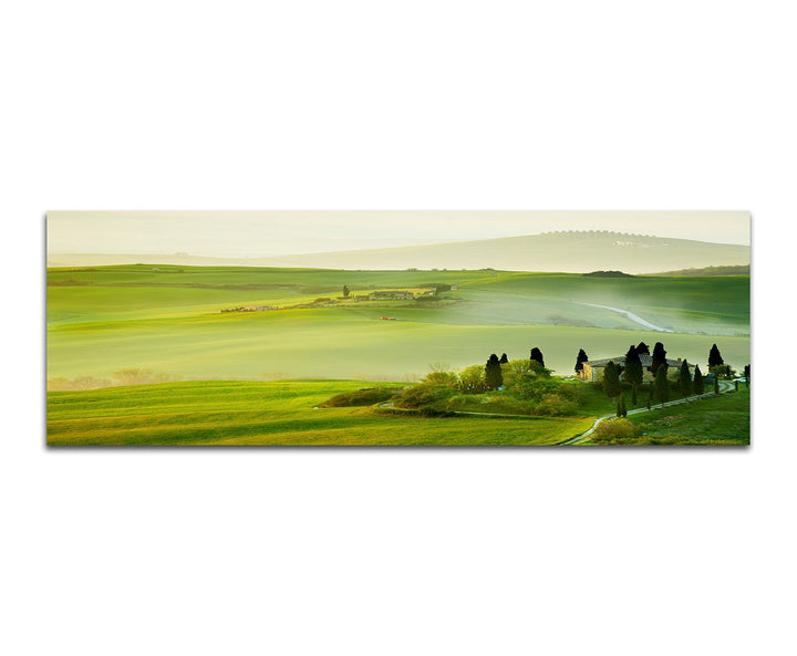 Paul Sinus Art Panoramabild auf Leinwand und Keilrahmen 150x50cm Toskana Landschaft Wiesen Hügel Häu