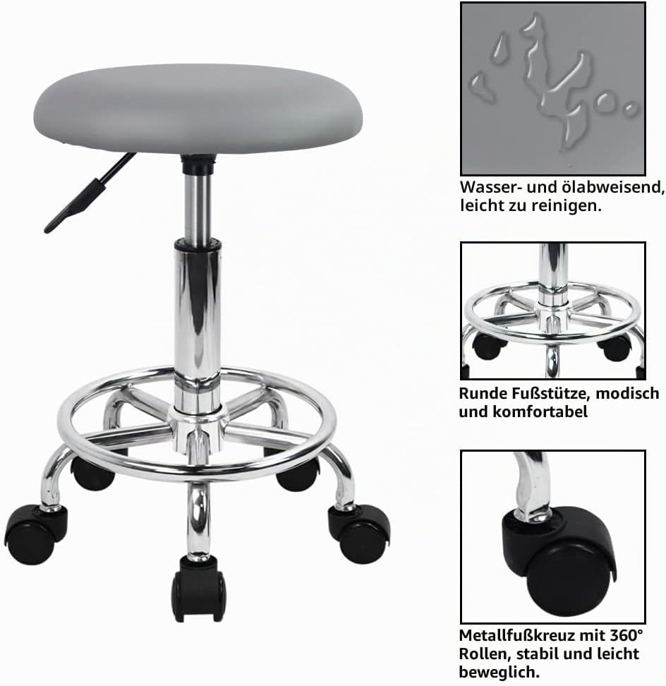 KKTONER Rollhocker Arbeitshocker mit Fussstütze PU Leder Rund Gepolstert 360° drehbar Bürohocker höh